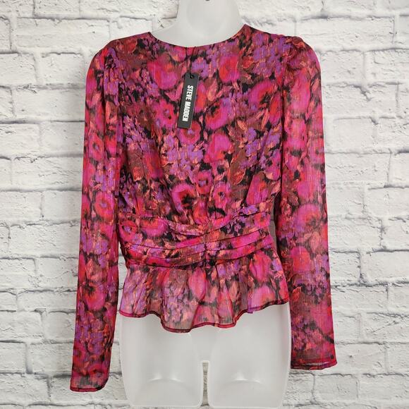 NWT Steve Madden Top Womens Size Medium Azura Sheer Fuchsia V Neck Long Sleeve - Picture 4 of 16